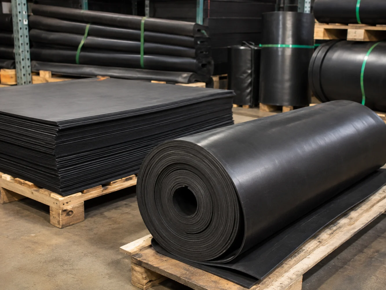 Industrial rubber sheets and rolls in warehouse